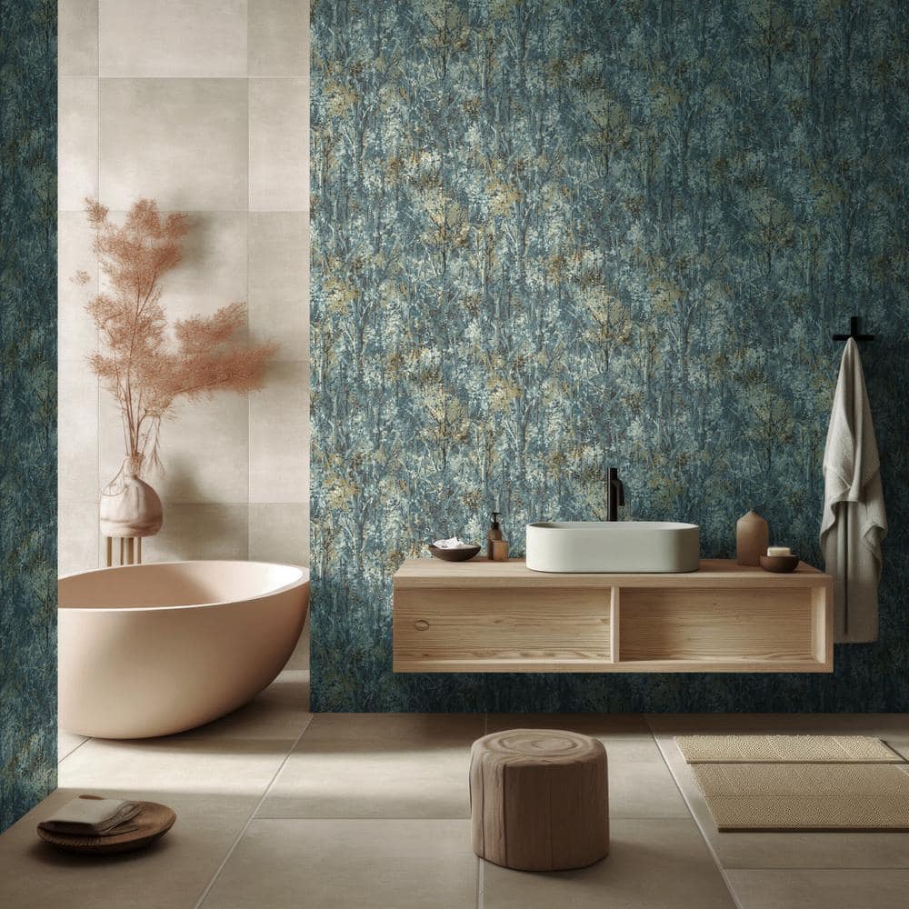 Teal and Beige Non-Pasted Tropical Forest Wallpaper Roll