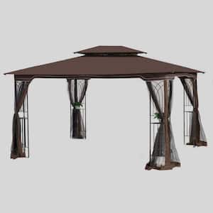 10 ft. x 13 ft. Outdoor Brown Steel Soft-Top Gazebo with Double Roof and Mosquito Net