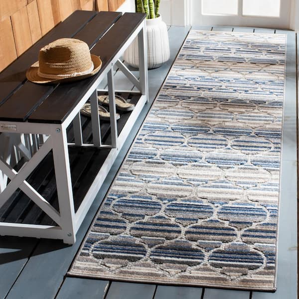 Cabana Blue/Gray 2 ft. x 7 ft. Striped Trellis Indoor/Outdoor Runner Rug