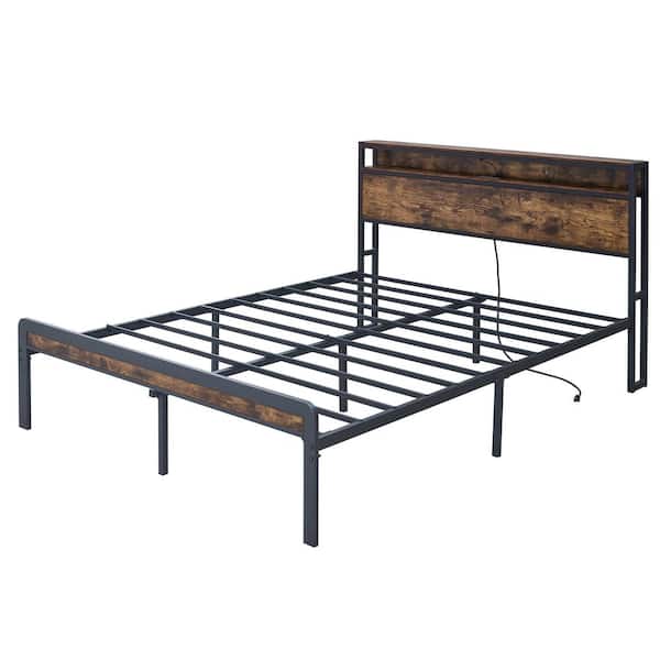 Noble House Laran Antique Brown Iron Frame Queen Size Storage Platform Bed with Headboard