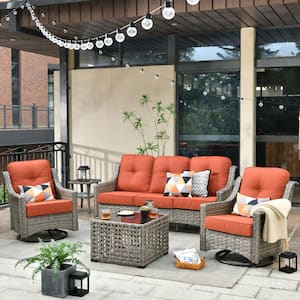 Verona Grey 5-Piece Wicker Modern Outdoor Patio Conversation Sofa Seating Set with Swivel Chairs and Red Cushions
