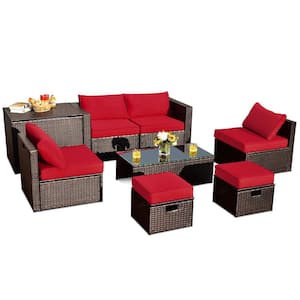 8-Piece All Weather PE Wicker Garden Outdoor Patio Conversation Sofa Set with Red Cushions and Waterproof Cover