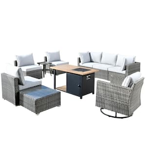 Sanibel Gray 10-Piece Wicker Patio Conversation Sofa Set with a Swivel Chair, a Storage Fire Pit and Light Gray Cushions