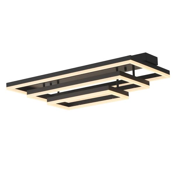 UMEILUCE 32 in. 3-Light Rectangle Black Dimmable LED Semi-Flush Mount for Living Dining Room, LED 70-Watt