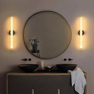 Divine 23.6 in. W 1-Light Polished Chrome Solid Stone Bathroom LED Vanity Light Cylinder Cloudstone Marble Wall Sconce