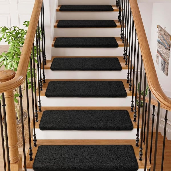 Black 9.5 in. x 30 in. x 1.2 in. Bullnose Indoor Non-slip Carpet Stair Tread Cover Tape Free Non Slip (Set of 7)