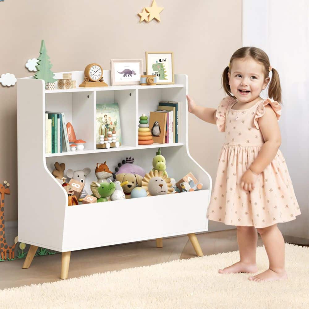 White Kids Bookshelf Display Organizer with Toy Storage and Solid Wood Legs for Bedroom