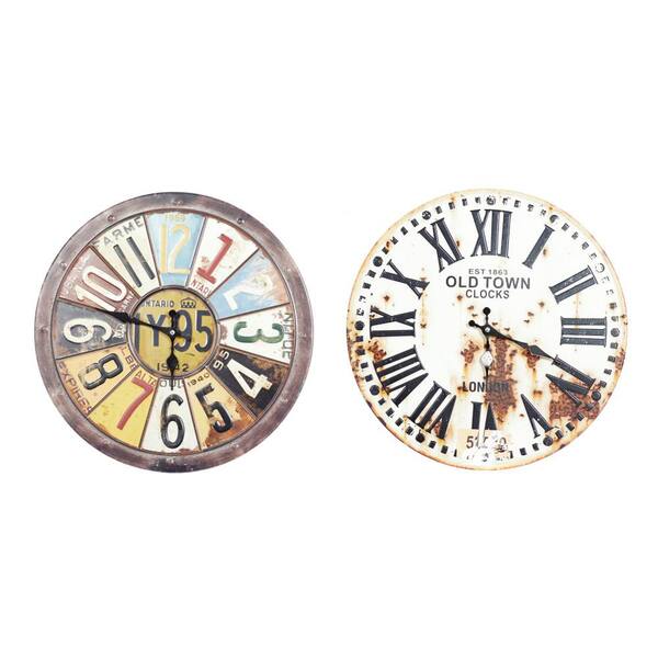 Litton Lane Rustic Station Clock and License Plate Wall Clock in Distressed Iron (2-Pack)