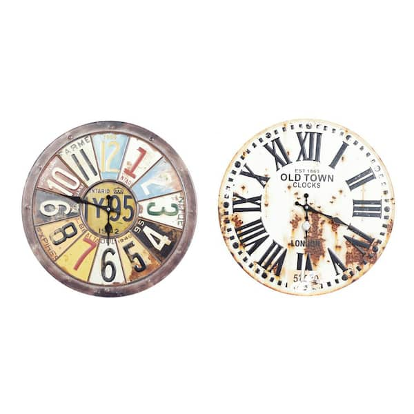 Litton Lane Rustic Station Clock and License Plate Wall Clock in Distressed Iron (2-Pack)