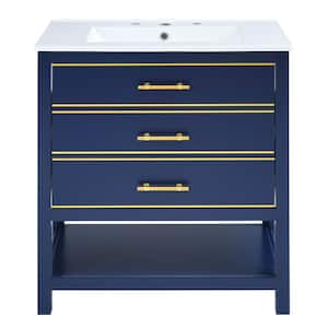 30 in. W x 18 in D. x 34 in. H Bathroom Vanity in Blue with Open Storage, 2-Drawers and White Ceramic Sink Top