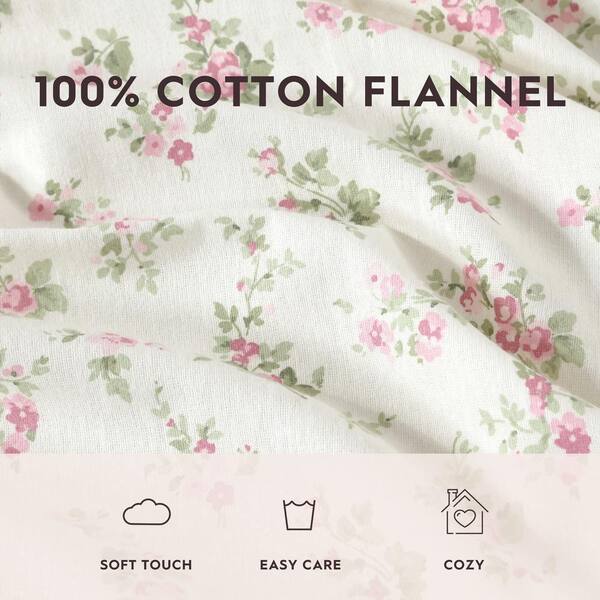 Laura Ashley Audrey 4-Piece Pink Floral Flannel Full Sheet Set