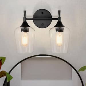 Arlo 13 in. 2-Lights Matte Black Vanity Light with Clear Wine Glass Shades