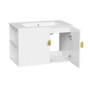 30 in. W x 18 in. D x 19 in. H Floating Bath Vanity in White with White Ceramic Top Basin, Left Open Shelf