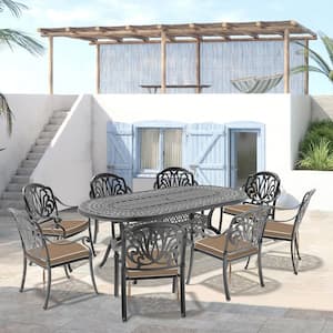 Elizabeth 9-Piece Cast Aluminum Outdoor Dining Set with 82.87 in. x 42.13 in. Oval Table and Random Color Cushions