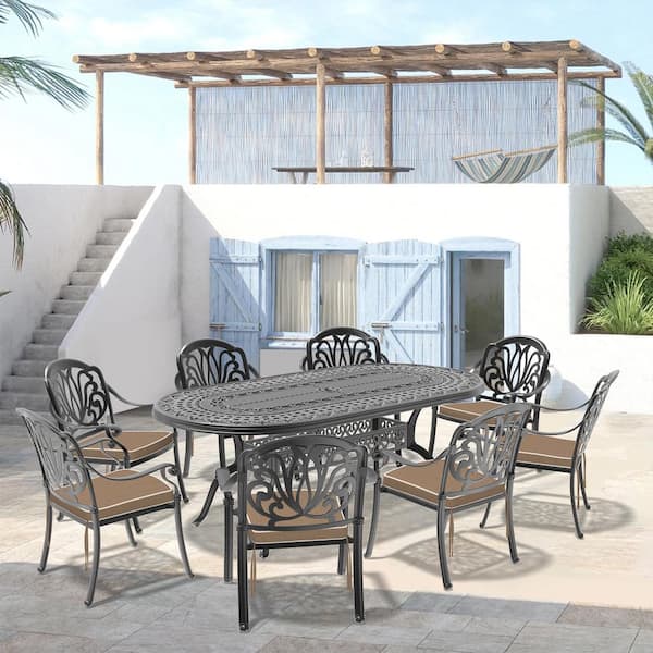 Willit Elizabeth 9-Piece Cast Aluminum Outdoor Dining Set with 81.89 in. x 41.34 in. Oval Table and Random Color Cushions