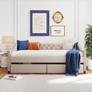Beige Full Size Upholstered Fabric Daybed with Two Drawers, Slope Armrest with Nail Head Modification