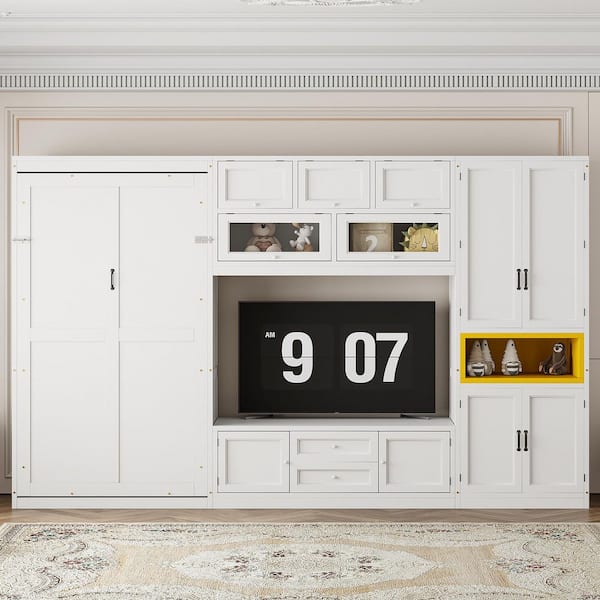 White Wood Frame Twin Size Murphy Bed with TV Stand, 2-Drawers, Shelves and Cabinets