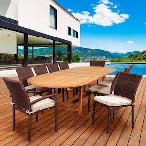 Chives 10-Piece Teak/Wicker Double Extendable Oval Patio Dining Set with Off-White Cushions