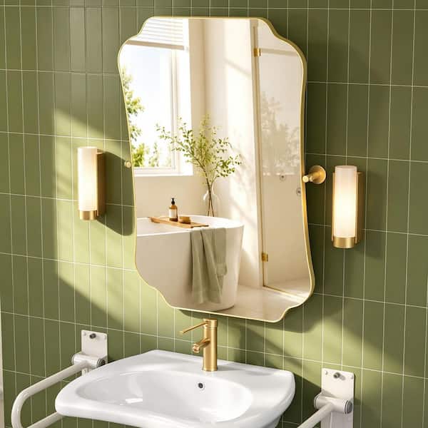 ADA 20 in. W x 30 in. H Novelty/Specialty Framed Tilt Wall Bathroom Vanity Mirror in Brushed Gold, Wheelchair Accessible