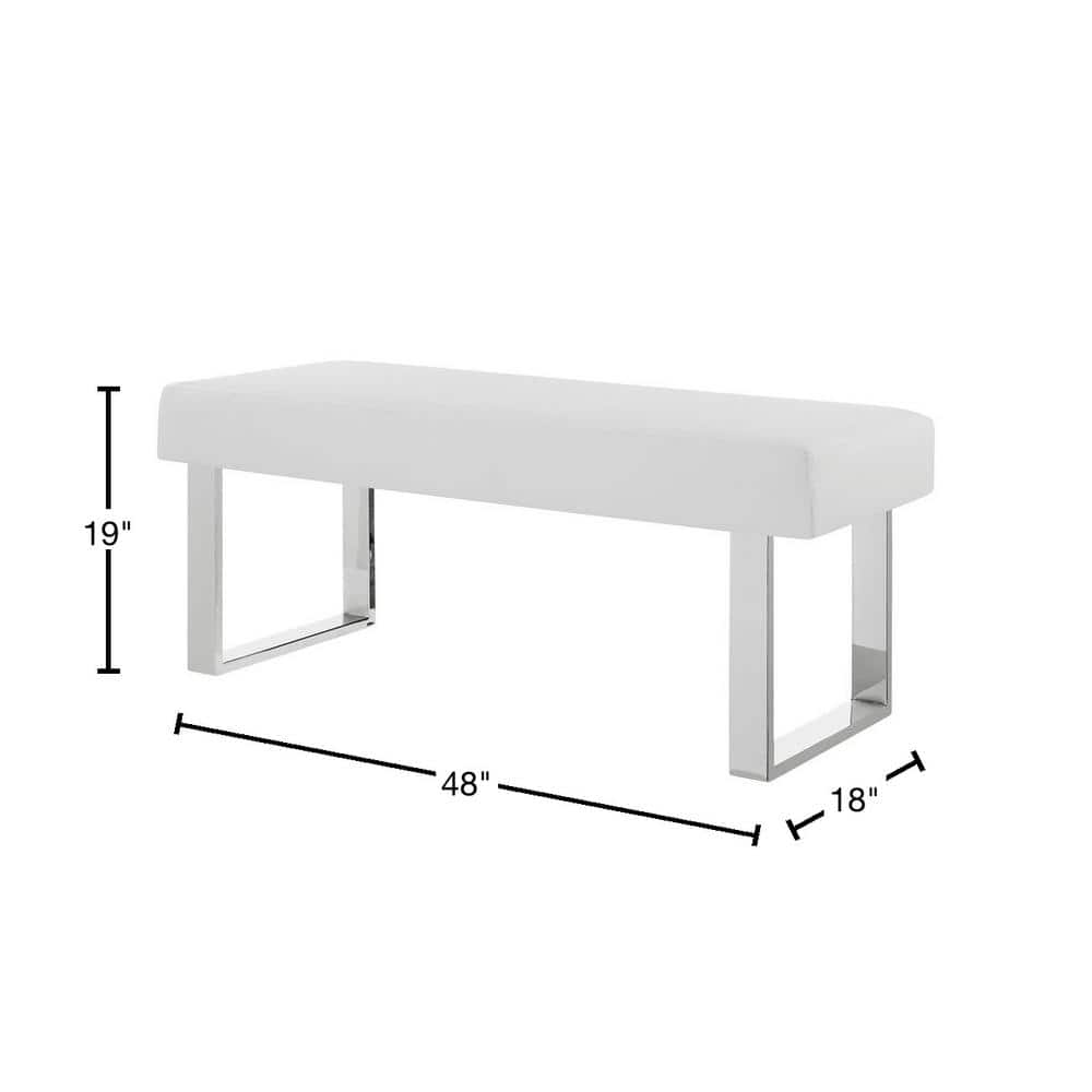 Modern White 48" Faux Leather Bench with Chrome Metal Frame
