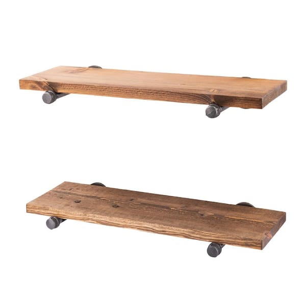 PIPE DECOR 24 in. x 7.5 in. x 6.75 in. Autumn Brown Restore Wood Decorative Wall Shelf with Industrial Steel Pipe Straight Brackets