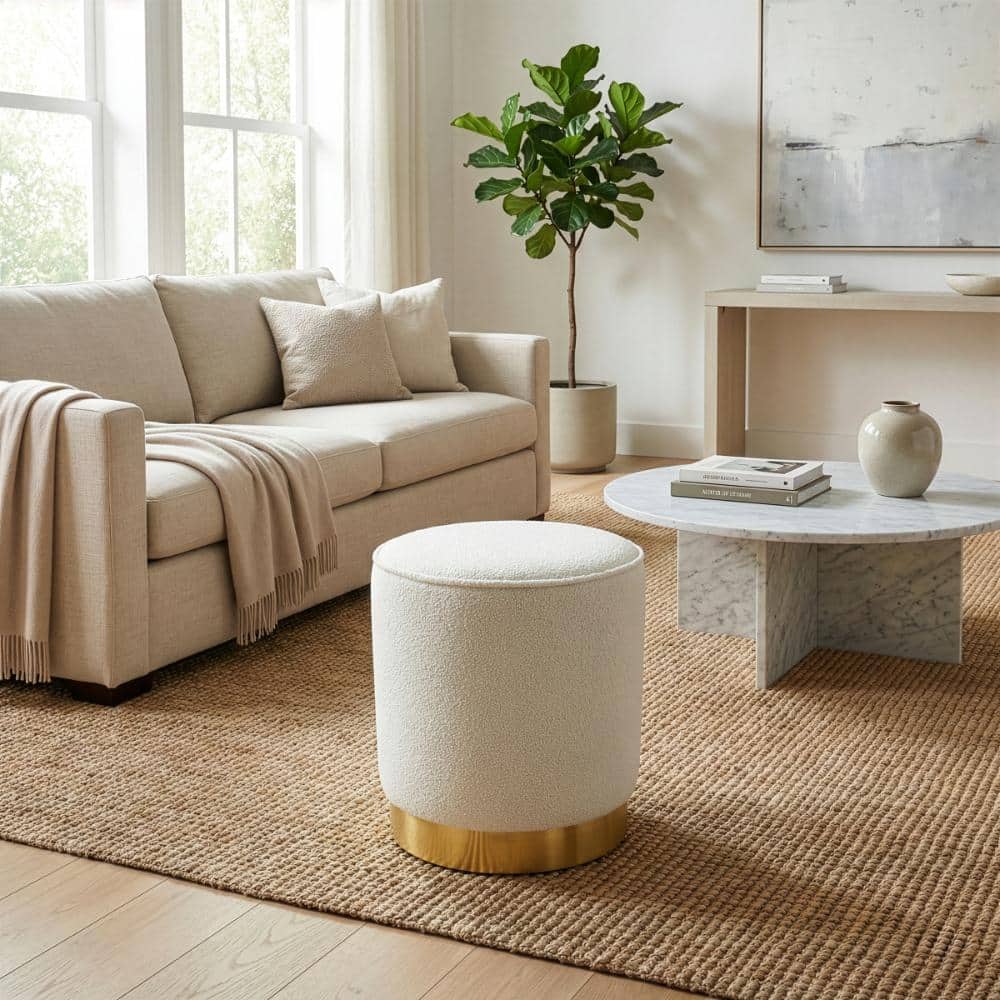 Glamour Home Aysel White Boucle Fabric Round Ottoman GHOTM-1678