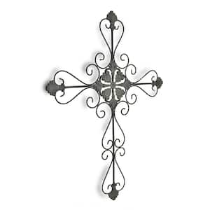 Victoria 25 in Large Gray Metal Scroll Design Gray Hanging Cross Wall Decor