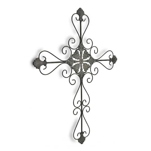 HomeRoots Victoria 25 in Large Gray Metal Scroll Design Gray Hanging Cross Wall Decor