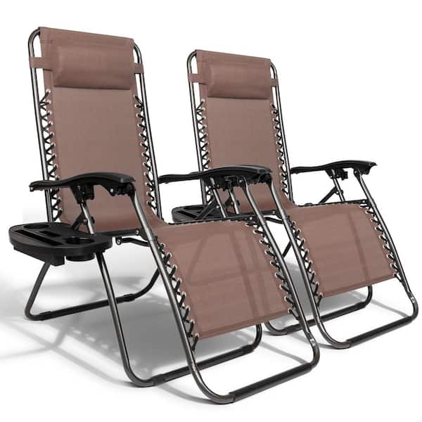 Karl home Zero Gravity Metal Folding Reclining Brown Fabric Lawn Chair with Cup Holder (Set of 2)
