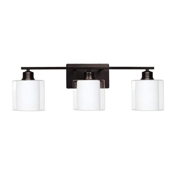 25 in. 3-Light Oil Rubbed Bronze Wall Bathroom Vanity Light Fixture with White Opal Glass Shades