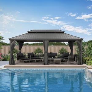 12 ft. x 18 ft. Gray Aluminum Hardtop Gazebo Canopy for Patio Deck Backyard Heavy-Duty with Netting and Upgrade Curtains