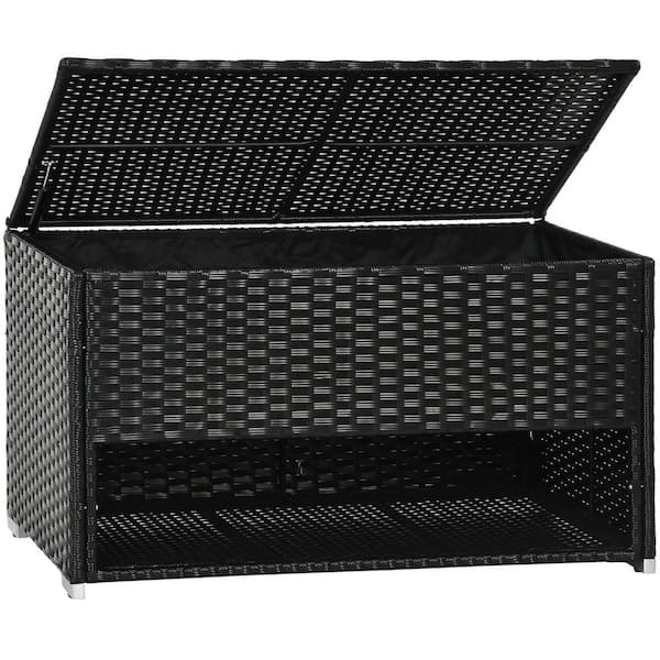 Black 81 Gal. PE Rattan Wicker All-Weather Deck Box with Liner, Outdoor Shoe Storage for Patio Cushions, Garden Tools