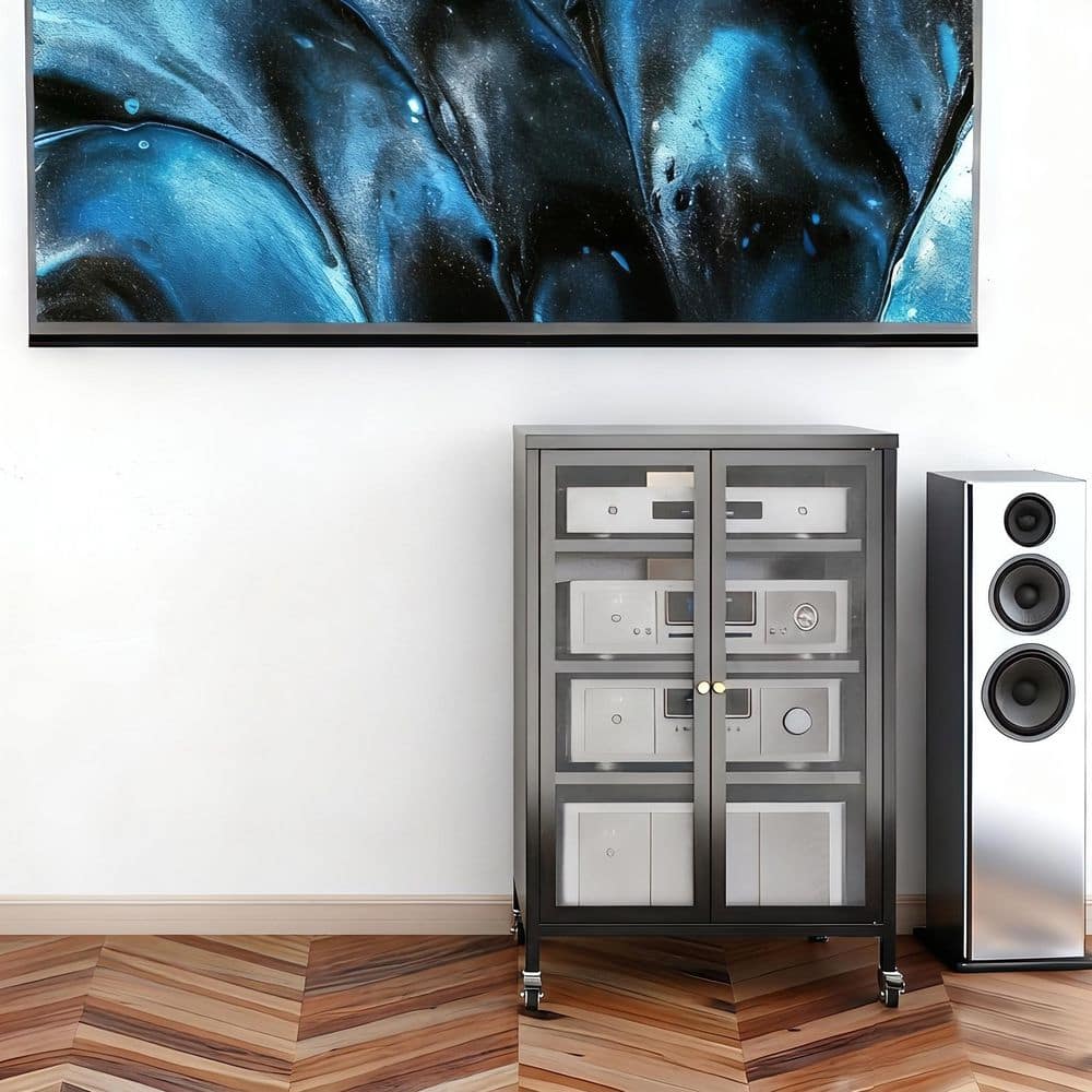 35.83 in. H Black 9-Door Metal Storage Cabineon Wheels with 4 Adjustable Glass Shelves
