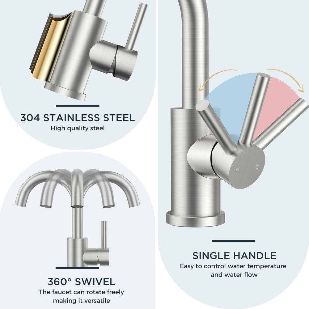 Brushed Nickel Single Handle High Arc Bathroom Faucet with Drain Kit