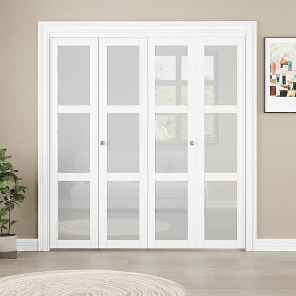 72 in. x 96 in. 3-Lite Frosted Glass Solid Core White Finished Glass Closet Bi-Fold Door with Hardware