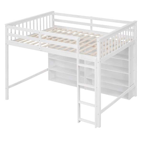 Polibi Full Size Loft Bed with 8 Open Storage Shelves and Built-in Ladder, White