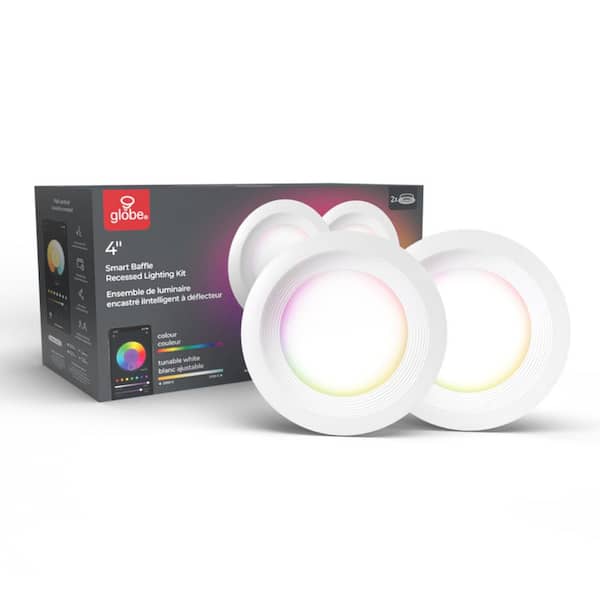 Globe Electric Wi-Fi Smart 4 in. Slim Baffle LED Recessed Lighting Kit 2-Pack, Multi-Color Changing RGB, Tunable White, Wet Rated