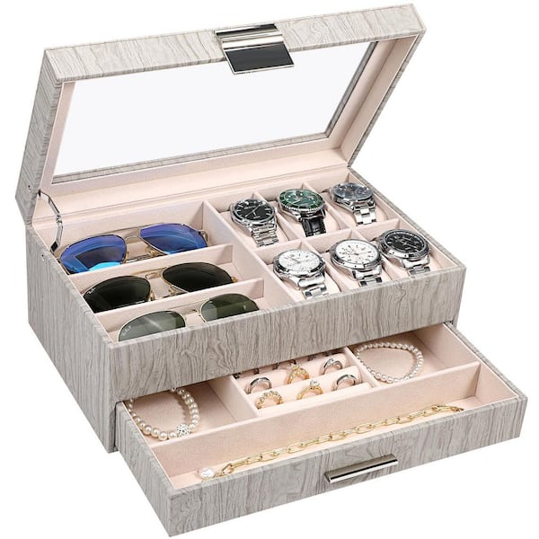 Unbranded 2-Layer PU Leather Watch and Jewelry Organizer Box for Men and Women, Gray, 13.3 in. x 8.3 in. x 5.1 in.