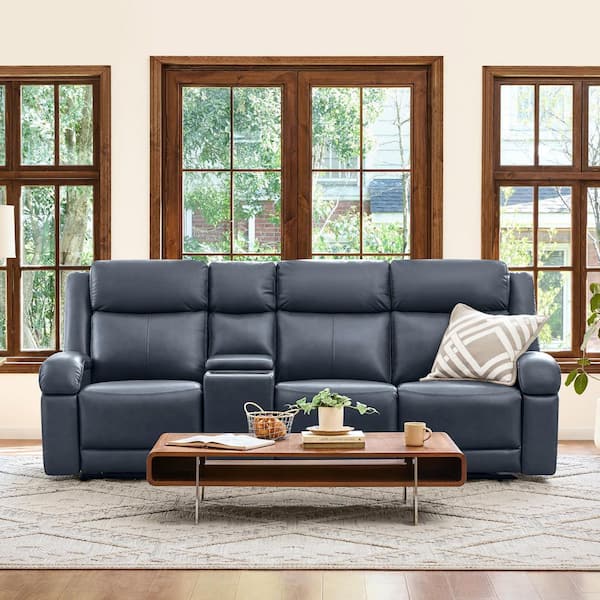 Axel 99.2 Straight Arm Dual Motors Wall Hugger Genuine Leather Rectangle Power Reclining Sofa in Navy with Cup Holders