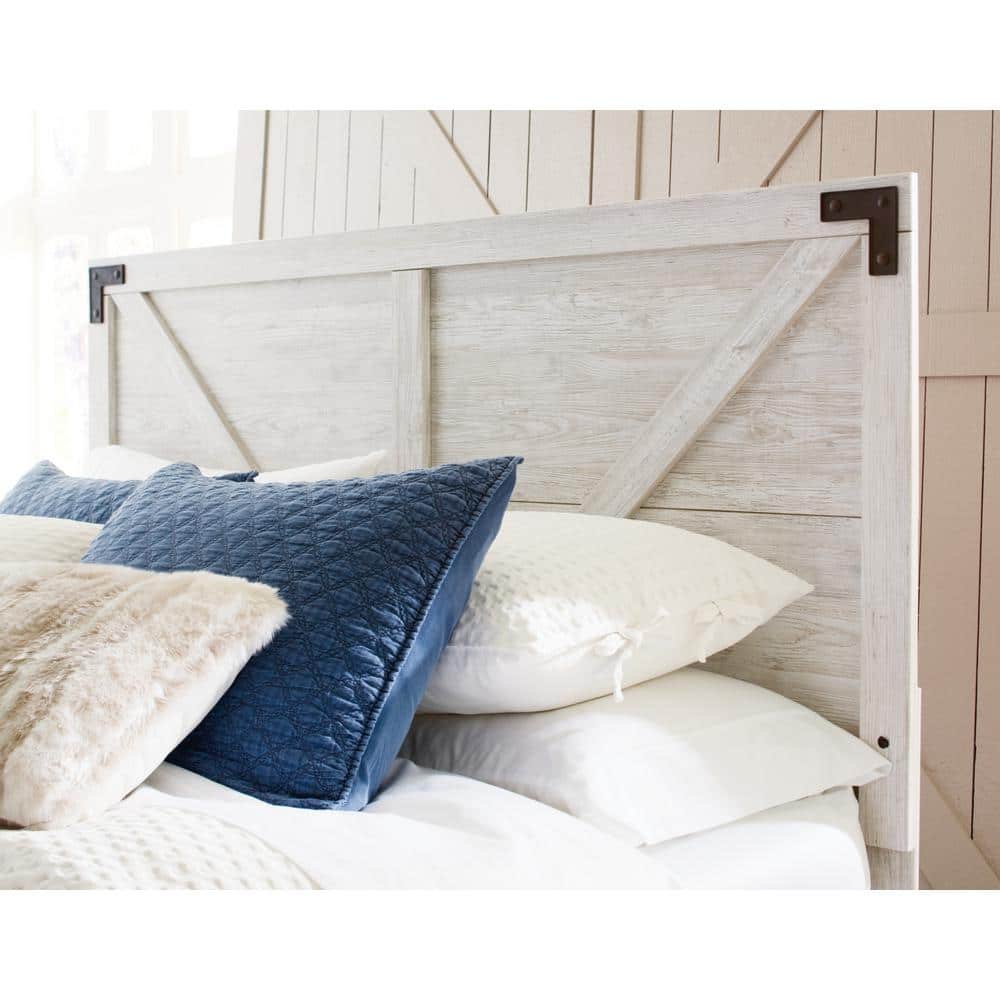 Whitewash Wood Queen Panel Headboard with Crossbuck Detail