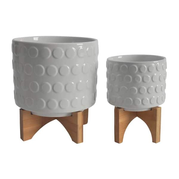 8 in. and 5 in. White Ceramic Planter with Bamboo Wood Stand (2-Pack)