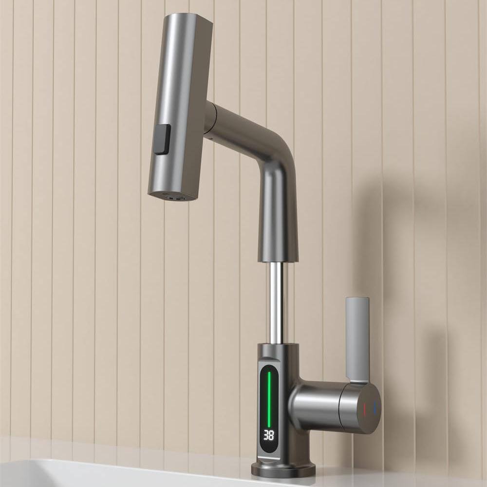 Gray Single Handle Pull-Out Sprayer Bathroom Faucet with LED Display