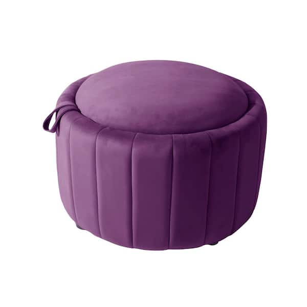 Modern Purple Velvet Round Accent Storage Ottoman (Set-1)