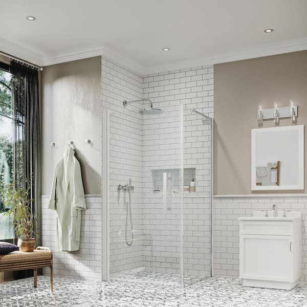 OVE Decors Pasadena 32-3/16 in. W x 72 in. H Rectangular Pivot Frameless Corner Shower Enclosure in Chrome