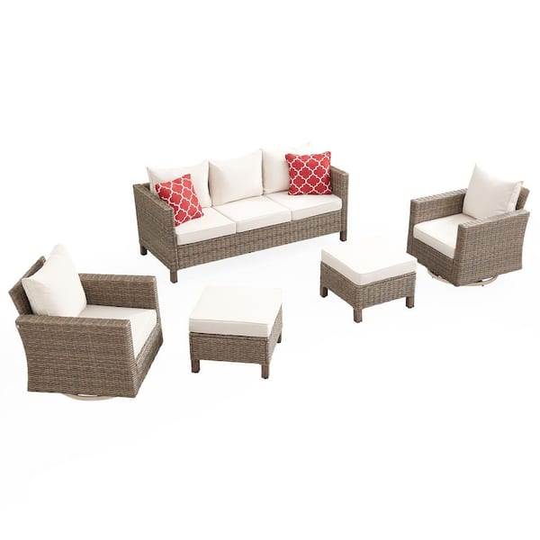 5-Piece Wicker Outdoor Patio Conversation Seating Set with Beige Cushions