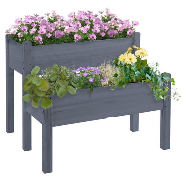 Huluwat 34 in. x 34 in. x 28 in. 2-Tier Elevated Wood Planter Box for Backyard and Patio to Grow Vegetables and Flowers, Gray