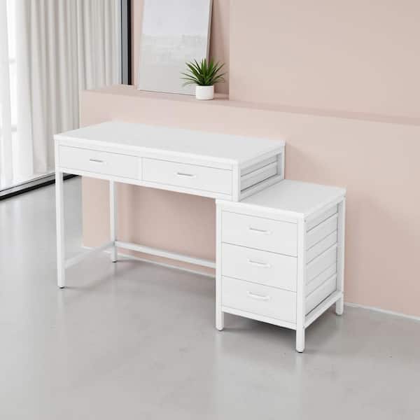 Benjara Eli Vintage White Wood and Metal Makeup Vanity Desk Table with 5-Drawers
