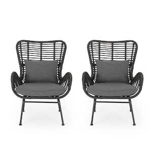 2-piece rattan woven armrests outdoor lounge chair, metal frame, mix and match, with cushions grey