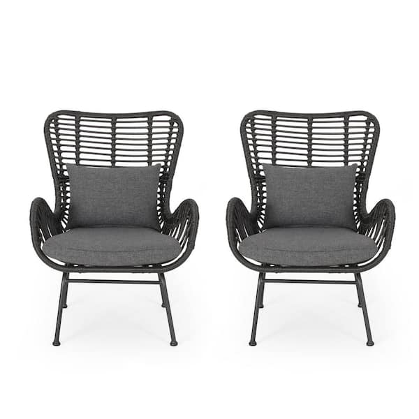 Unbranded 2-piece rattan woven armrests outdoor lounge chair, metal frame, mix and match, with cushions grey