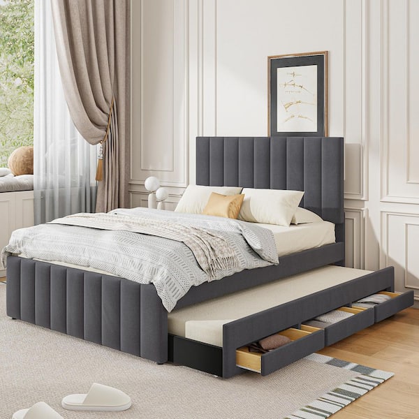 Gray Wood Frame Full Size Upholstered Platform Bed with Trundle and 3 Drawers